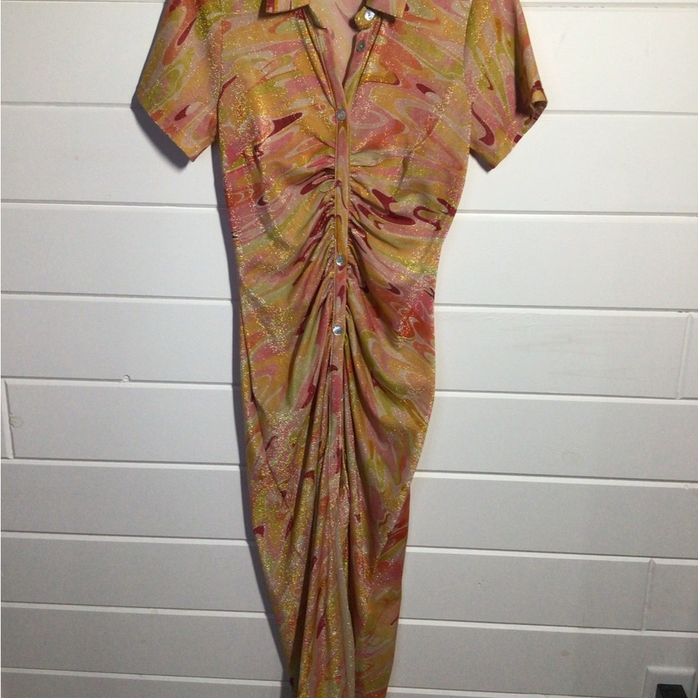Ruched Button-Front Yellow & Pink Swirl Midi Dress